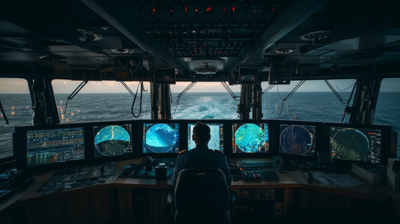 Aerial view of a container ship at sea