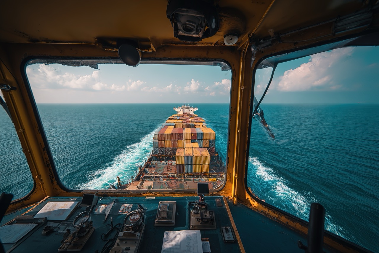 View over the bow of a loaded container vessel