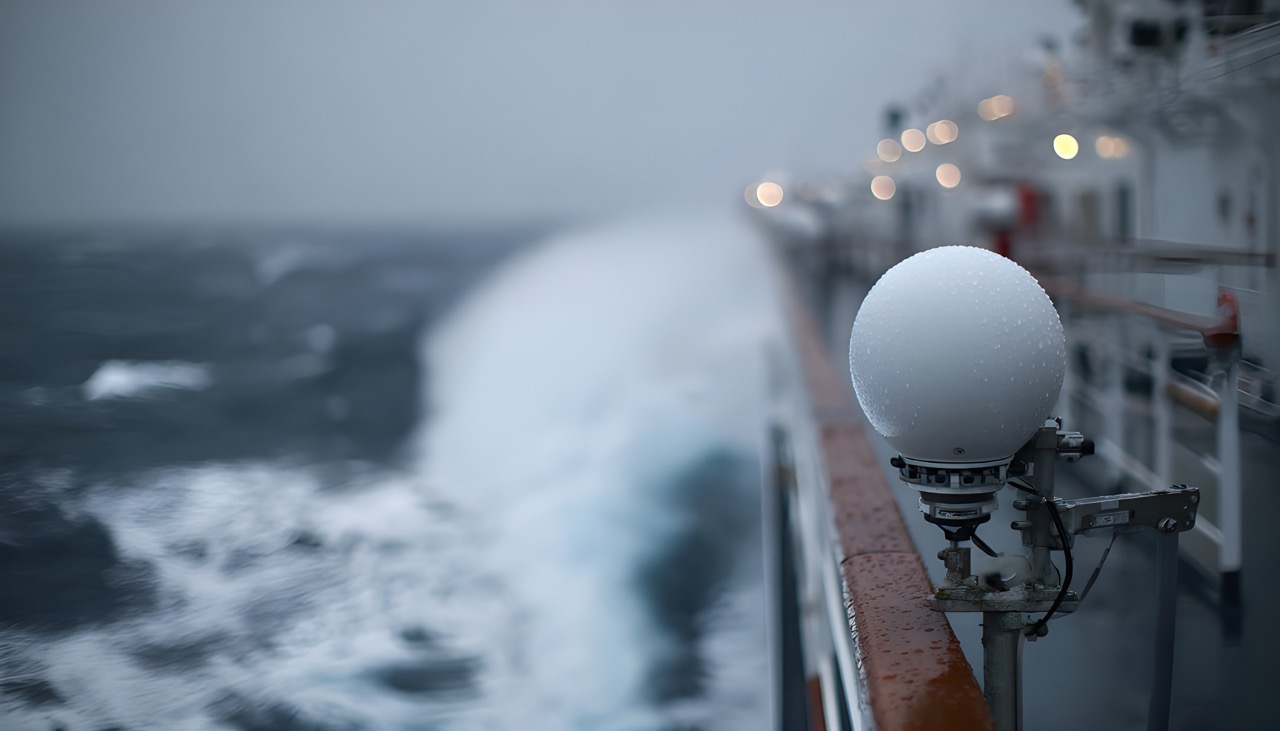 Satellite dome mounted on a vessel's deck rail